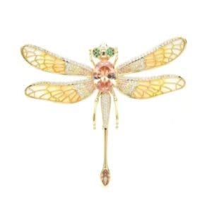 broche libellule yeux verts dorée